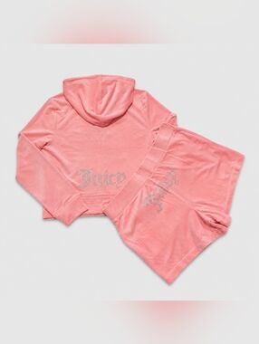 Juicy Couture Flamingo Velour Zip Up Hoodie & Shorts Set - L